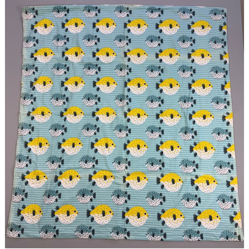 Handmade Puffer Fish Flannel Baby Blanket Teal Yellow Nautical Receiving Blanket